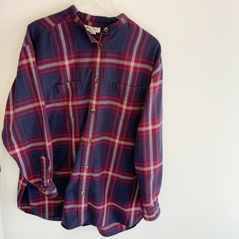 Eddie Bauer Women's Tall L Plaid Flannel Button Up Shirt Navy Pink Front Pockets